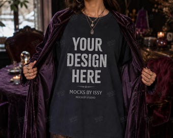Comfort Colors 1717 Black T-Shirt Mockup, Moody Velvet Lounge Tee Mockup, Gothic Boutique Lifestyle Shirt Mockup