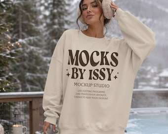 Gildan 18000 Sand Sweatshirt Mockup, Snowy Mountain Hot Tub Scene, Cozy Winter Lodge Digital Apparel Mockup