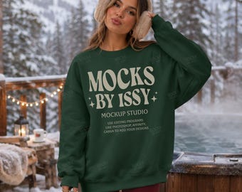Gildan 18000 Forest Green Sweatshirt Mockup, Snowy Mountain Hot Tub Scene, Cozy Winter Lodge Digital Apparel Mockup