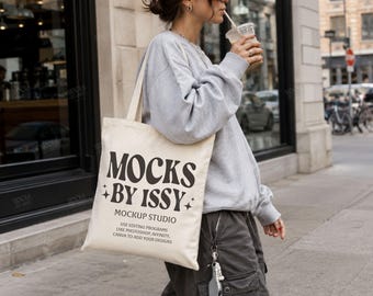 Liberty Bags OAD113 Natural Tote Bag Mockup, City Coffee Shop Canvas Bag Mockup with Urban Streetwear Stylt
