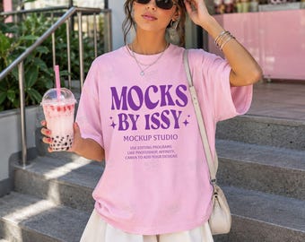 Comfort Colors 1717 Blossom T-Shirt Mockup, Pink Boba Cafe Street Style Summer Tee Mockup