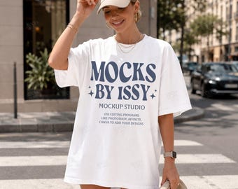 Comfort Colors 1717 ホワイトTシャツモックアップ、アーバンストリートライフスタイルTシャツモックアップ、美的オーバーサイズシャツモックアップ
