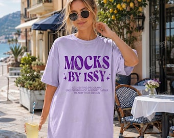 Comfort Colors Orchid T-Shirt Mockup, Coastal Cafe Tee Mockup, Lemon Tree Summer Vacation Apparel Mockup