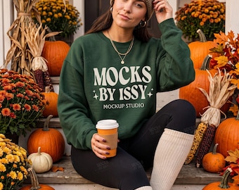 Gildan 18000 Forest Green Sweatshirt Mockup, Fall Porch Pumpkin Scene, Cozy Autumn Digital Apparel Mockup