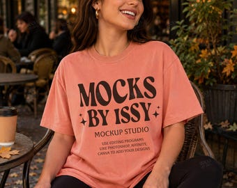 Comfort Colors 1717 Terracotta T-Shirt Mockup, Fall Cafe Patio Lifestyle Tee Mockup, Coffee Shop Shirt Mockup