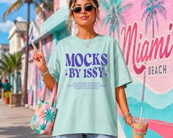 Comfort Colors 1717 チョーキーミント Tシャツ モックアップ、マイアミビーチ パステルウォール、サマーコースタル オーバーサイズ Tシャツ モックアップ