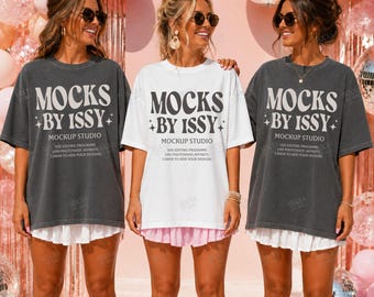 Comfort Colors 1717 White Pepper T-Shirt Mockup, Women Group Tee Mockup, Party Backdrop Disco Ball Scene
