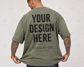 Comfort Colors 1717 Sage Mens T-Shirt Mockup, Back View Studio Shirt Mockup, Tattoo Model Apparel Mockup