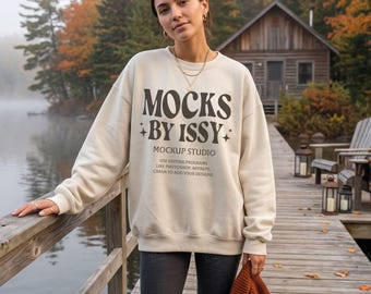 Gildan 18000 Sand Sweatshirt Mockup, Foggy Lake Dock Cabin Scene, Cozy Fall Digital Apparel Mockup