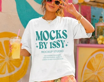Comfort Colors 1717 ホワイトTシャツモックアップ、トレンディな夏のレモネードスタンドライフスタイルTシャツモックアップ