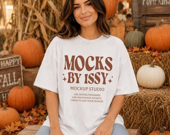 Comfort Colors 1717 White T-Shirt Mockup, Fall Pumpkin Patch Lifestyle Tee Mockup, Hay Bale Harvest Shirt Mocku