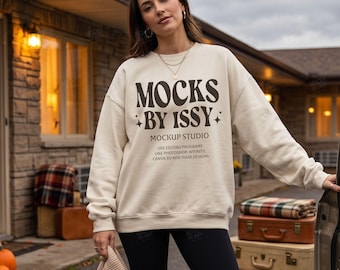 Gildan 18000 Sand Sweatshirt Mockup, Cozy Fall Motel Road Trip Scene, Autumn Travel Digital Apparel Mockup
