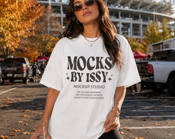 Comfort Colors 1717 White T-Shirt Mockup, Fall Stadium Tailgate Lifestyle Tee Mockup, Game Day Coffee Shirt Mockup