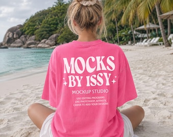 Comfort Colors 1717 Neon Pink T-Shirt Back Mockup, Beach Back View Tee Mockup, Coastal Vacation Shirt Mockup