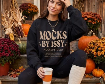 Gildan 18000 Black Sweatshirt Mockup, Fall Porch Pumpkin Scene, Cozy Autumn Digital Apparel Mockup