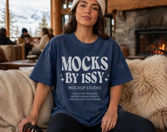 Comfort Colors 1717 Navy T-Shirt Mockup, Cozy Ski Lodge Lifestyle Tee Mockup, Winter Cabin Fireplace Shirt Mockup