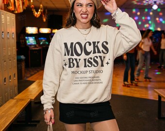 Gildan 18000 Sand Sweatshirt Mockup, Retro Roller Rink Arcade Scene, Fun Lifestyle Digital Apparel Mockup
