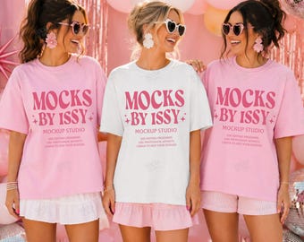 Comfort Colors 1717 White Blossom T-Shirt Mockup, Women Group Tee Mockup, Party Backdrop Disco Ball Scene
