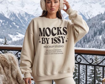 Gildan 18000 Sand Sweatshirt Mockup, Snowy Mountain Balcony Scene, Cozy Winter Lodge Digital Apparel Mockup
