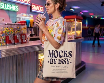 Liberty Bags OAD113 Natural Tote Bag Mockup, Roller Bar Canvas Bag Mockup with Slushie and Retro Skate Rink