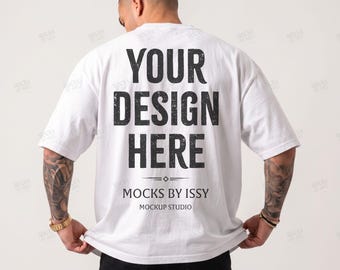 Comfort Colors 1717 White Mens T-Shirt Mockup, Back View Studio Shirt Mockup, Tattoo Model Apparel Mockup