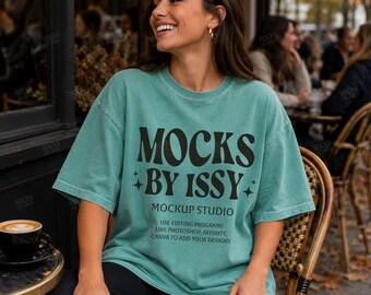 Comfort Colors 1717 Light Green T-Shirt Mockup, Fall Cafe Patio Lifestyle Tee Mockup, Coffee Shop Shirt Mockup