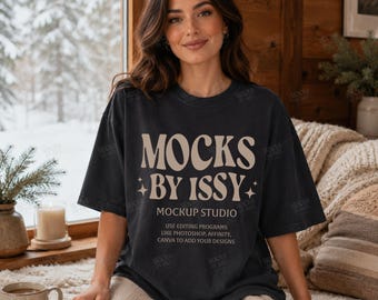 Comfort Colors 1717 Black T-Shirt Mockup, Cozy Winter Cabin Lifestyle Tee Mockup, Snowy Shirt Mockup