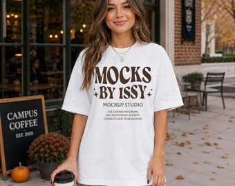 Comfort Colors 1717 White T-Shirt Mockup, Campus Coffee Shop Lifestyle Tee Mockup, Autumn College Shirt Mockup