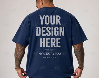 Comfort Colors 1717 Navy Mens T-Shirt Mockup, Back View Studio Shirt Mockup, Tattoo Model Apparel Mockup