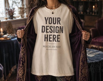 Comfort Colors 1717 Ivory T-Shirt Mockup, Gothic Velvet Robe Tee Mockup, Witchy Boutique Lifestyle Shirt Mockup