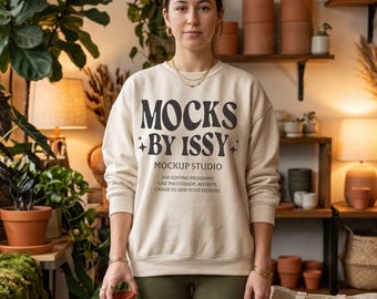 Gildan 18000 Sand Sweatshirt Mockup, Cozy Plant Shop Scene, Botanical Lifestyle Digital Apparel Mockup
