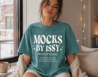Comfort Colors 1717 Blue Spruce T-Shirt Mockup, Cozy Winter Window Lifestyle Tee Mockup, Snowy Apartment Shirt Mockup