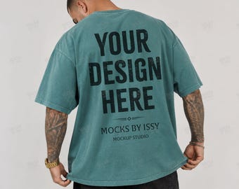 Comfort Colors 1717 Blue Spruce Mens T-Shirt Mockup, Back View Studio Shirt Mockup, Tattoo Model Apparel Mockup