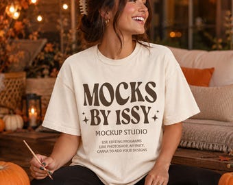 Comfort Colors 1717 Ivory T-Shirt Mockup, Fall Pumpkin Painting Lifestyle Tee Mockup, Cozy Indoor Seasonal Shirt Mockup
