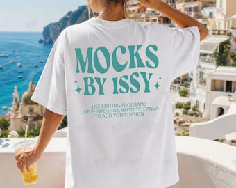 Camiseta branca Comfort Colors com costas abertas, modelo C1717 para a parte de trás da camiseta, modelo de camiseta feminina de verão, modelo de camiseta branca moderna inspirada na costa italiana.