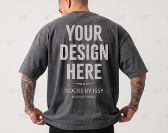 Comfort Colors 1717 Pepper Mens T-Shirt Mockup, Back View Studio Shirt Mockup, Tattoo Model Apparel Mockup