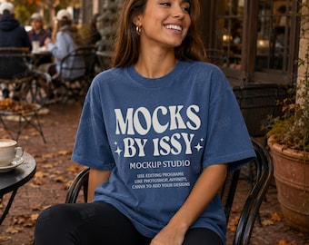 Comfort Colors 1717 Denim T-Shirt Mockup, Fall Cafe Patio Lifestyle Tee Mockup, Coffee Shop Shirt Mockup
