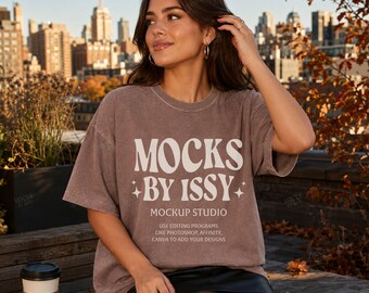 Comfort Colors 1717 Espresso T-Shirt Mockup, Fall Rooftop City Lifestyle Tee Mockup, Urban Coffee Shirt Mockup