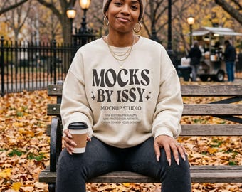 Gildan 18000 Sand Sweatshirt Mockup, Fall Park Bench Scene, Cozy Autumn Coffee Digital Apparel Mockup