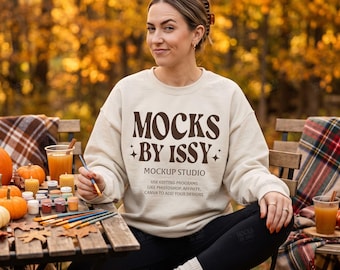 Gildan 18000 Sand Sweatshirt Mockup, Fall Outdoor Pumpkin Painting Scene, Cozy Autumn Craft Digital Apparel Mockup