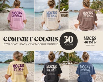 Pacote de Mockups Comfort Colors 1717 Beach Back View, 30 Mockups de Camisetas Coloridas, Conjunto de Mockups de Camisetas para o Verão com Tema Costeiro