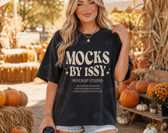 Comfort Colors 1717 Black T-Shirt Mockup, Fall Pumpkin Patch Lifestyle Tee Mockup, Hay Bale Harvest Shirt Mockup