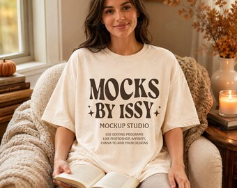 Comfort Colors 1717 Ivory T-Shirt Mockup, Cozy Fall Reading Nook Lifestyle Tee Mockup, Book Shirt Mockup