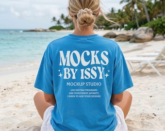Comfort Colors 1717 Royal Caribe T-Shirt Back Mockup, Beach Back View Tee Mockup, Summer Coastal Shirt Styled Photo