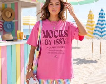 Comfort Colors 1717 Crunchberry T-Shirt Mockup, Beach Umbrella Rental Stand Summer Coastal Seller Display Tee Mockup