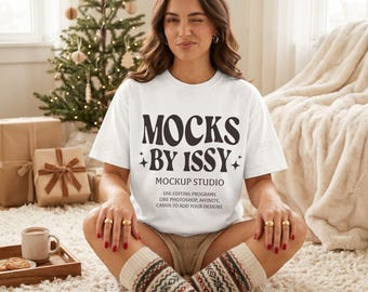 Comfort Colors 1717 White T-Shirt Mockup, Cozy Christmas Bedroom Lifestyle Tee Mockup, Blank Holiday Shirt Mockup