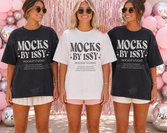 Comfort Colors 1717 White Black T-Shirt Mockup, Women Group Tee Mockup, Party Backdrop Disco Ball Scene
