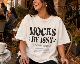 Comfort Colors 1717 Ivory T-Shirt Mockup, Fall Cafe Patio Lifestyle Tee Mockup, Coffee Shop Shirt Mockup