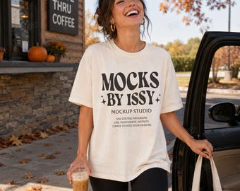 Comfort Colors 1717 Ivory T-Shirt Mockup, Fall Drive Thru Coffee Lifestyle Tee Mockup, Casual Fall Shirt Mockup