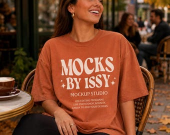 Comfort Colors 1717 Yam T-Shirt Mockup, Fall Cafe Patio Lifestyle Tee Mockup, Coffee Shop Shirt Mockup